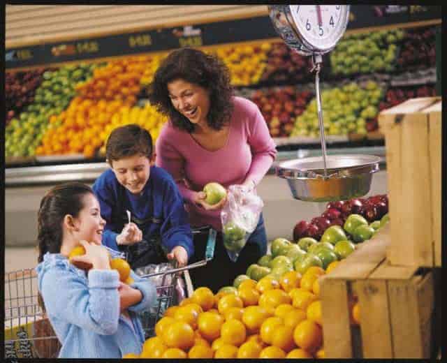 a mother and two kids in a grocery store