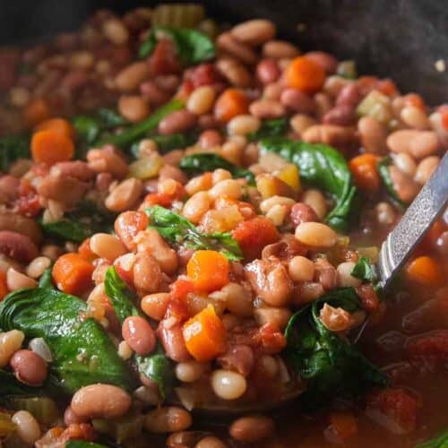 Minestrone soup after cooking in a crockpot.