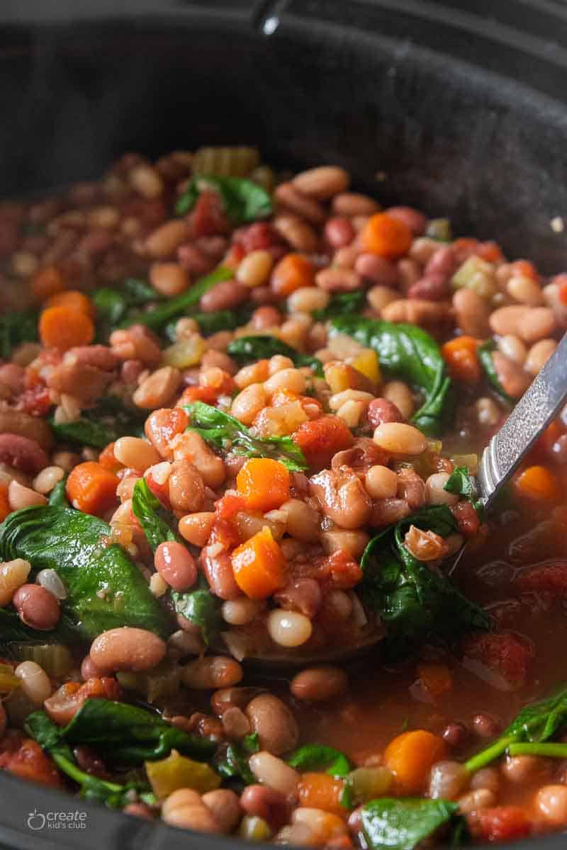 Minestrone soup after cooking in a crockpot.