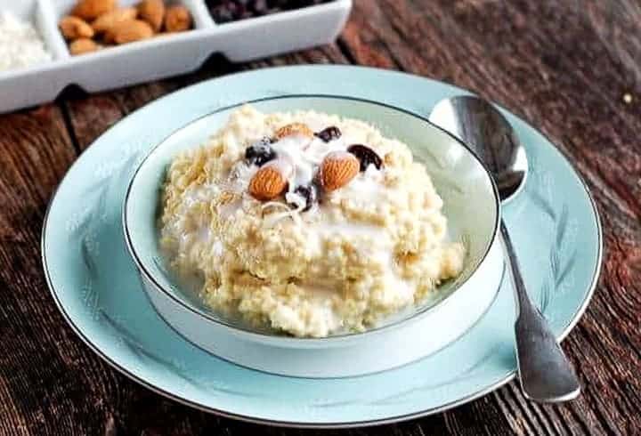 A plate of food on a table, with Millet and Porridge