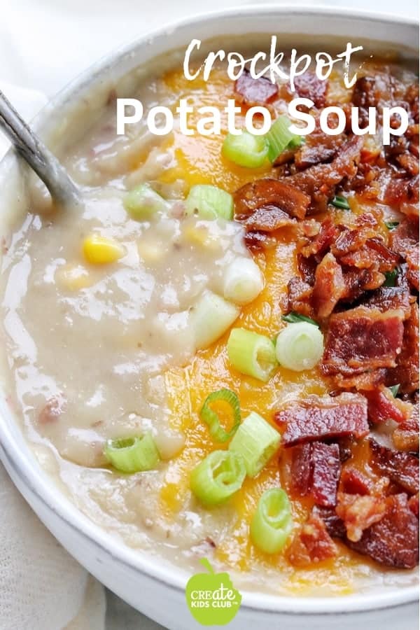 A healthy & easy crockpot potato soup made with red potatoes. This creamy potato soup cooks in the slow cooker then is loaded with bacon, cheese, and onions for a delicious dinner recipe.