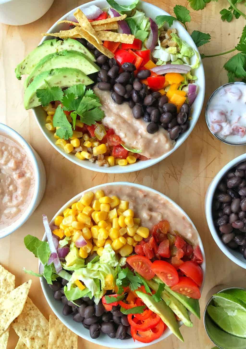 bowls with bean, corn, and veggies for nachos