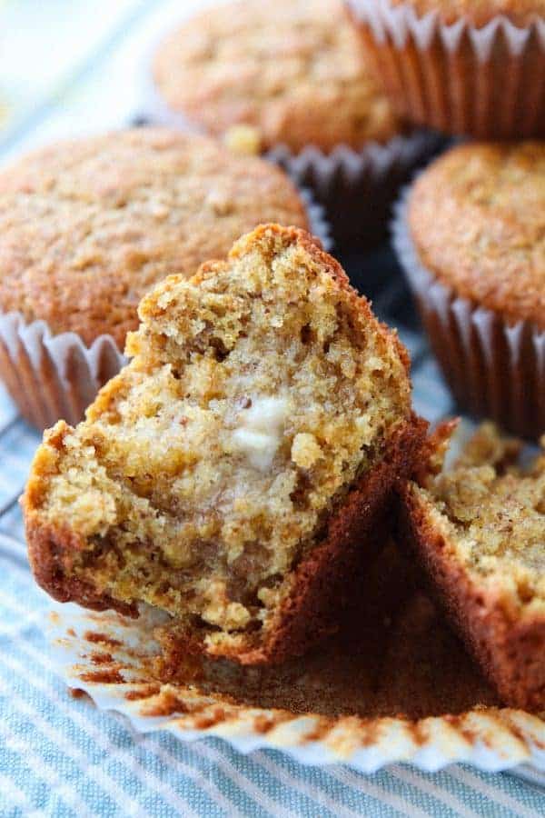 A close up of a bran muffin with melted butter