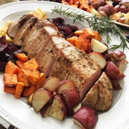 A plate of Pork loin and Root Vegetables