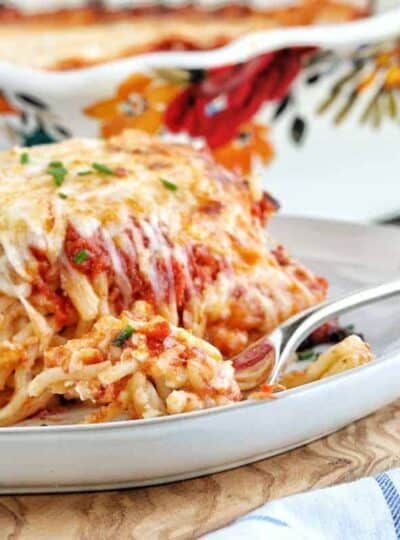 Baked Spaghetti sliced on a plate