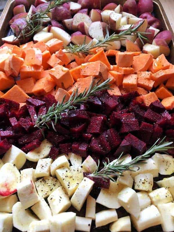 root vegetables on a baking pan