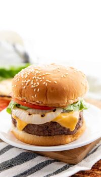 cheese stuffed burgers on a bun with onion, cheese, tomato, and lettuce on a white plate