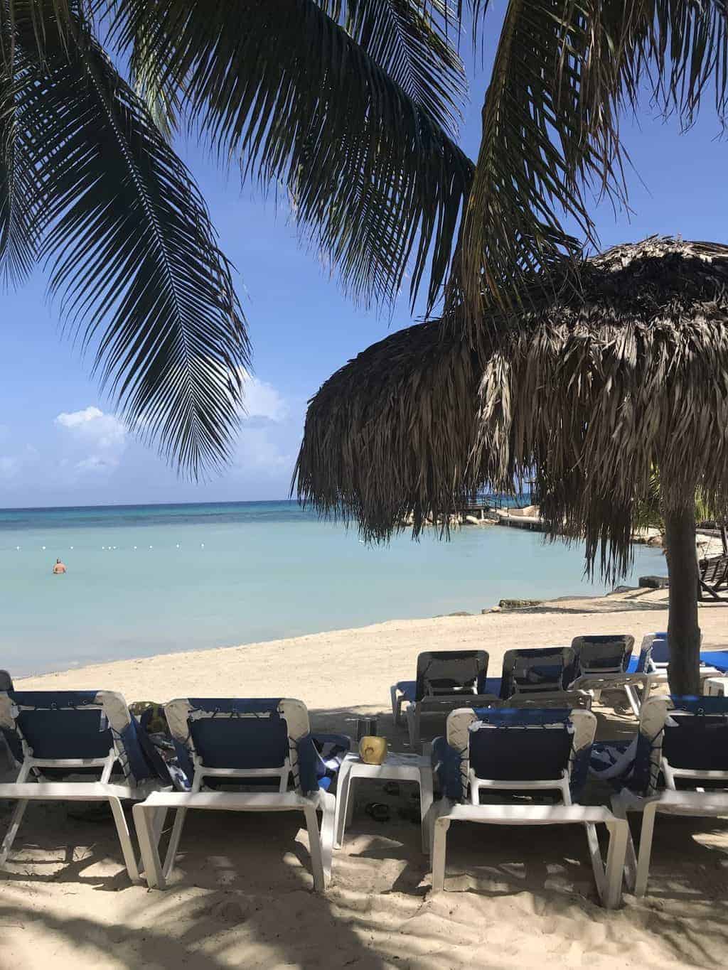 The beach at Hilton Rose Hall Jamaica with lounge chairs under a palapa and palm tree