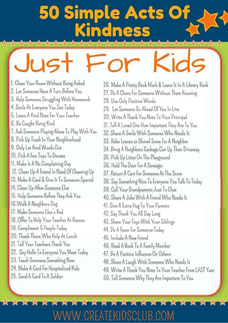 Random Acts of kindness for kids. 50 kind deed children can do on their own. 