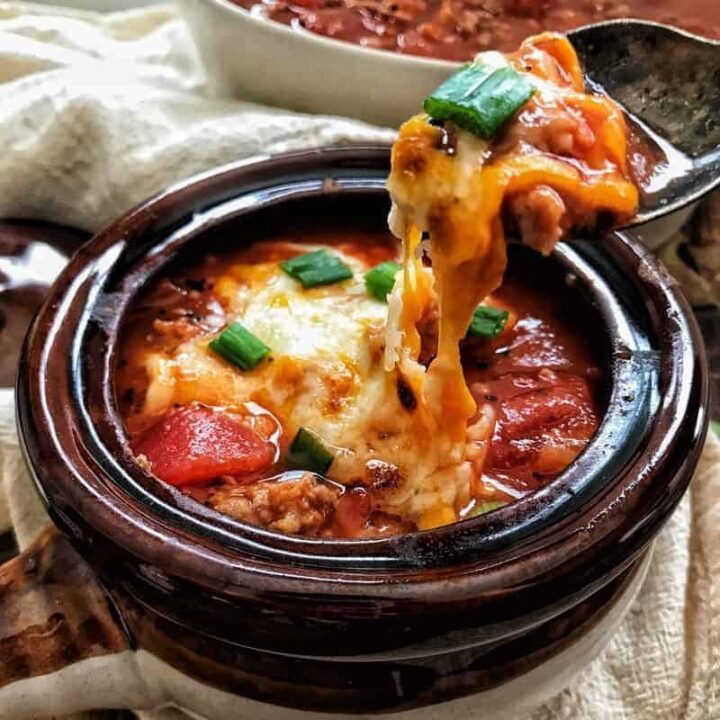 a crock of stuffed pepper soup