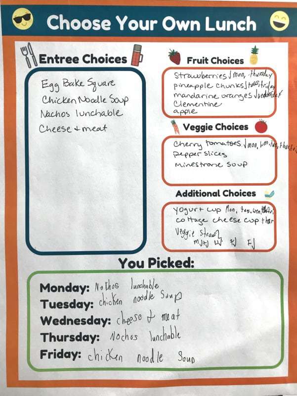 choose your own lunch worksheet filled out