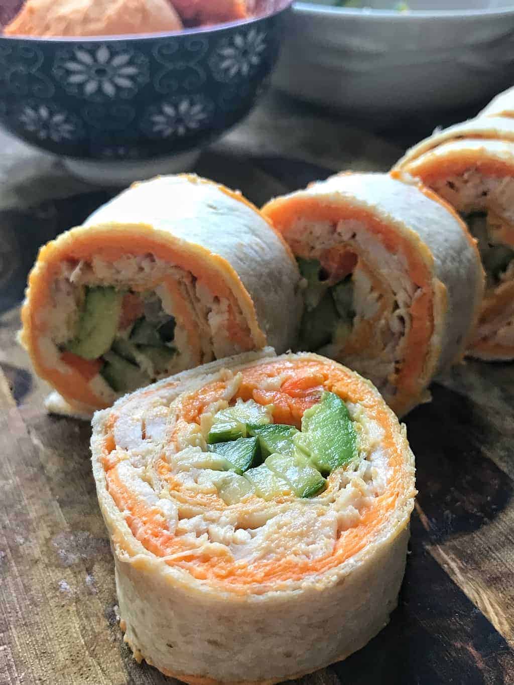 A chicken pinwheel shown sliced.