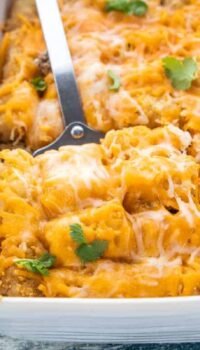 a close up of tater tot casserole in the pan.