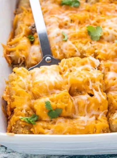 a close up of tater tot casserole in the pan.