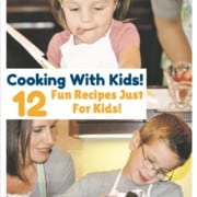 a mom and two kids cooking