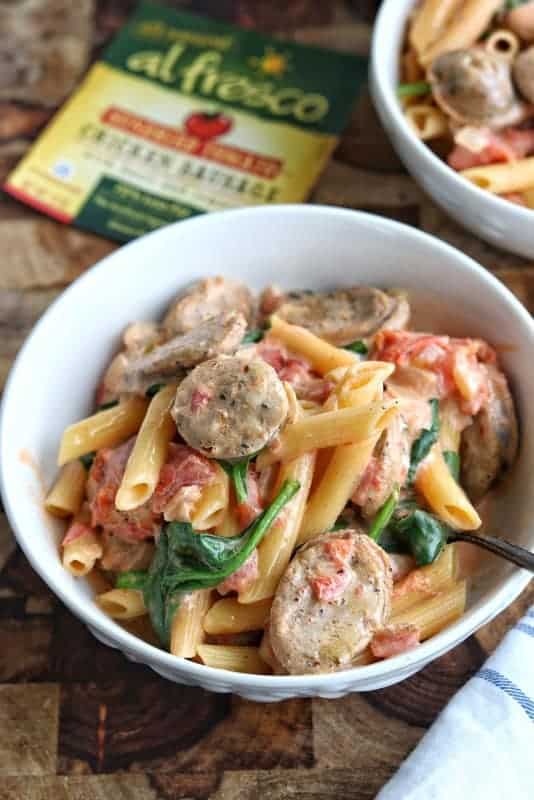 A bowl of chicken sausage pasta