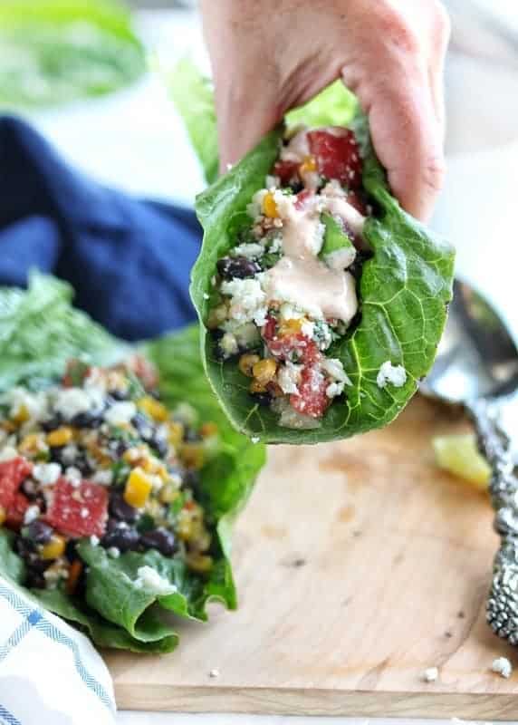 corn salad on a lettuce wrap