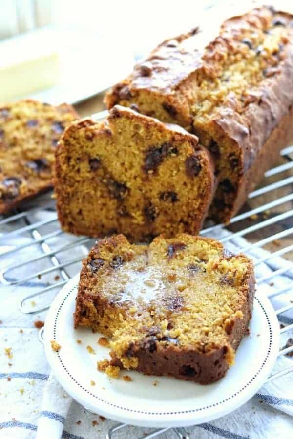 slice of chocolate chip banana bread on plate