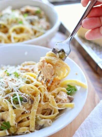 a fork with salmon pasta