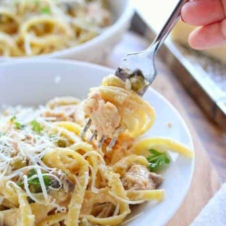 a fork with salmon pasta