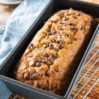 a pan of chocolate chip banana bread