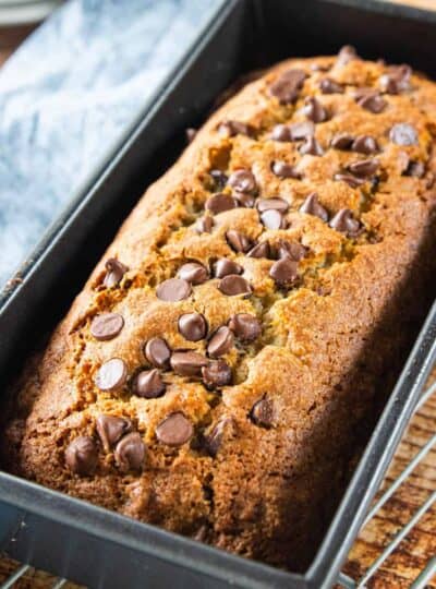 a pan of chocolate chip banana bread