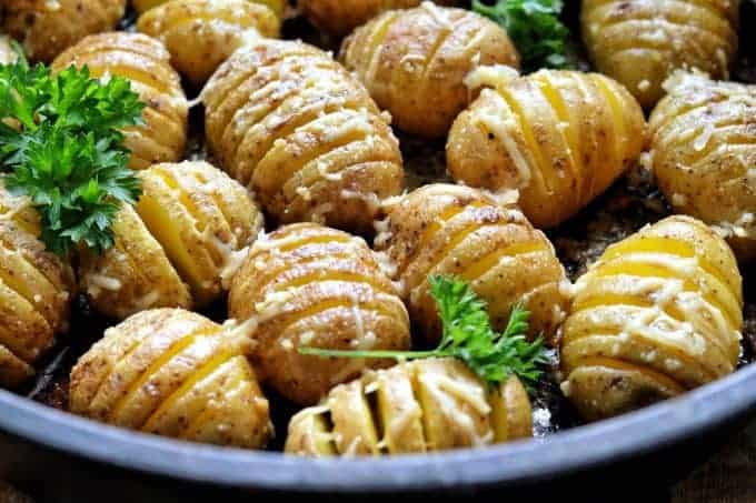 close up of potatoes in a skillet