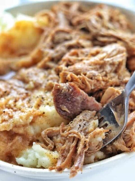 close up of shredded pork and potatoes