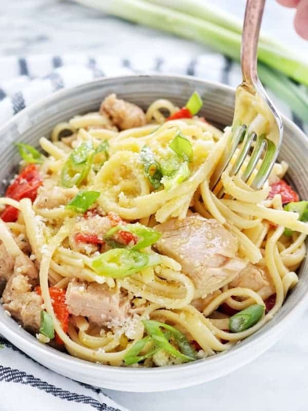 A bowl of pasta salad with canned tuna