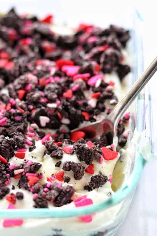 A close up of dirt pudding in a pan