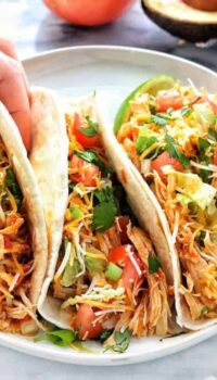 Instant pot or crockpot chicken tacos are shredded chicken tacos with just 4 ingredients.