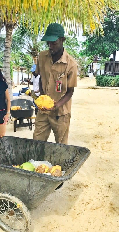 A man cutting open a coconut at Hilton rose hall jamaica