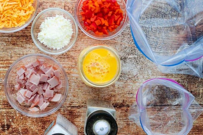 ingredients for ham and cheese boiled omelets on a table