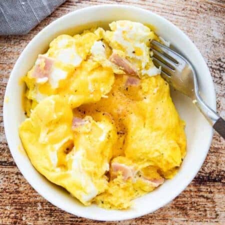 boil in bag omelet shown after cooking in a white bowl.