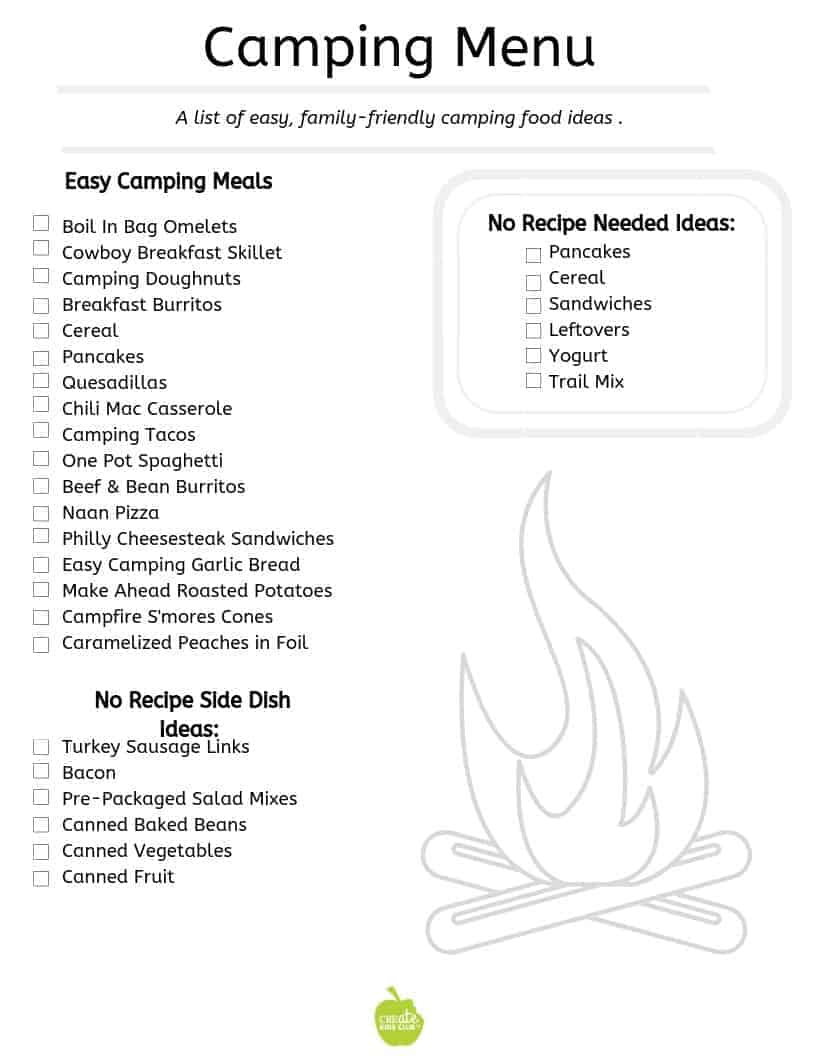 A printable camping menu with lists of meal ideas.