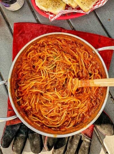 one pot of spaghetti on a campground table