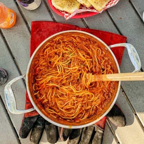 one pot of spaghetti on a campground table