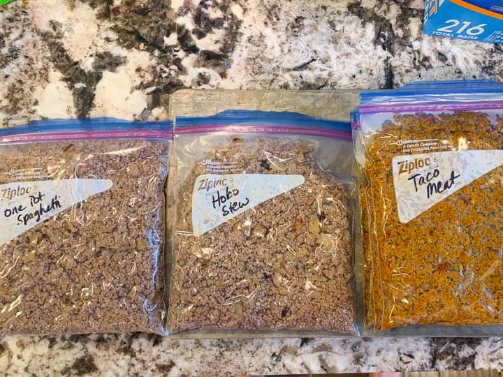  ziplock bags labels with different meals for freezing to use while camping.