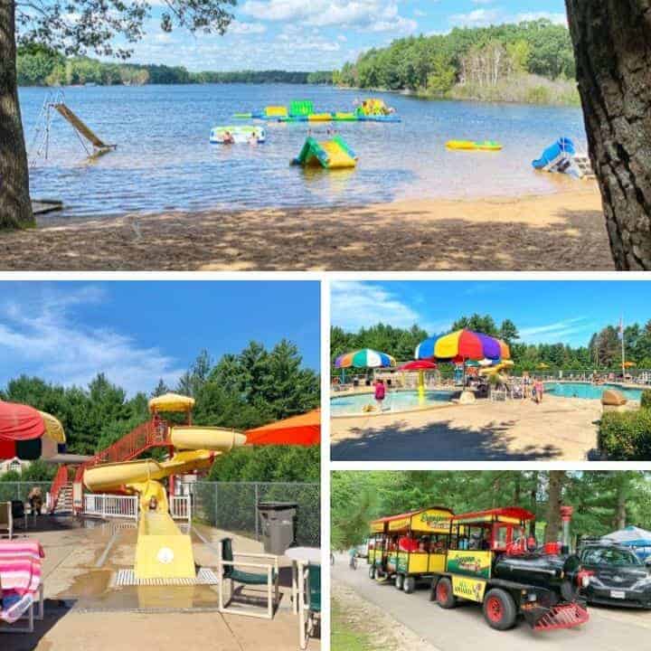 4 pictures of evergreen campground one of the best campgrounds in wisconsin. Pictures show the beach, pool, watershed, and train