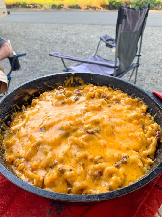 skillet of chili Mac being made in a campground