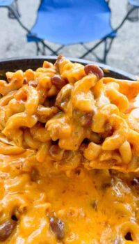 A skillet of chili Mac casserole shown in campground