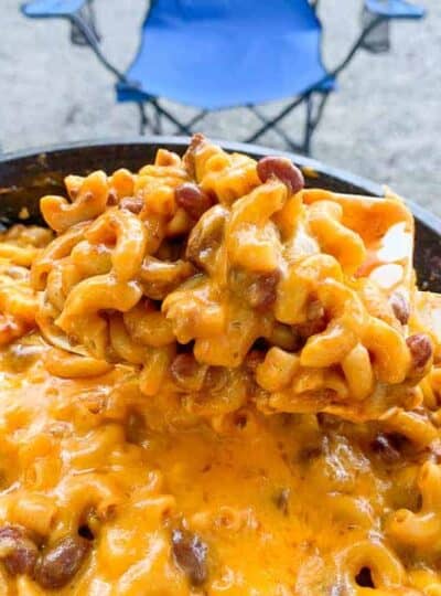 A skillet of chili Mac casserole shown in campground