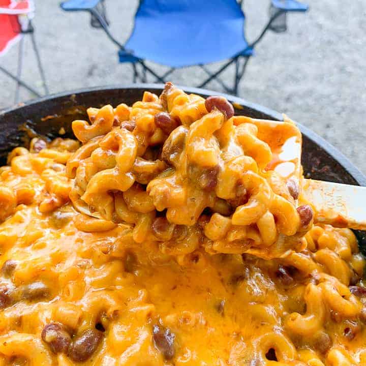 A skillet of chili Mac casserole shown in campground