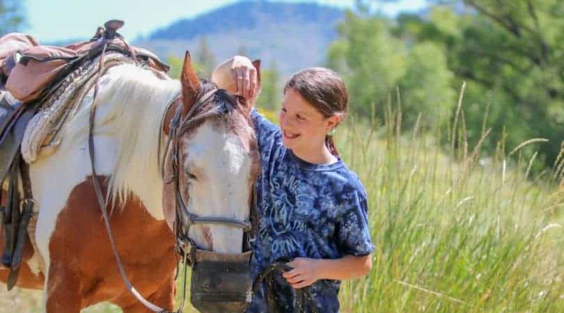 dude ranch colorado. A girl petting a horse in the tall grass of the mountains