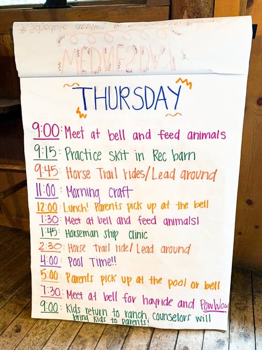 The activity board at a family dude ranch listing the various events happening on the ranch on a Thursday in Colorado. 