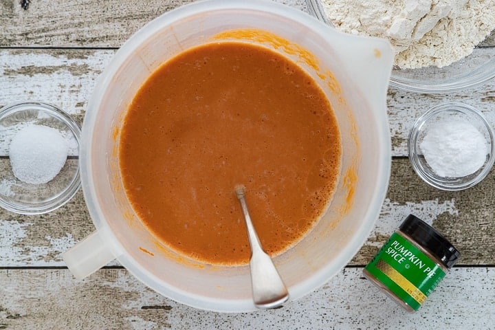 pumpkin pancake batter in bowl