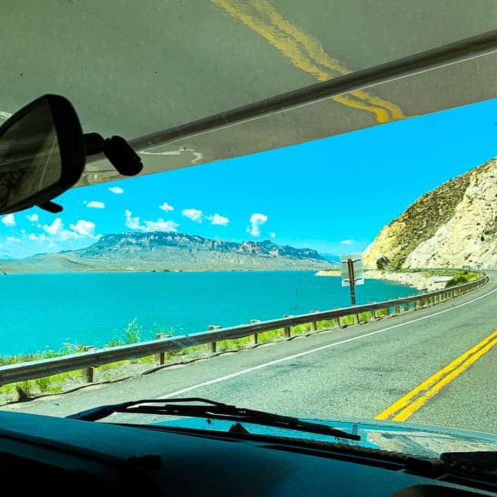 RV rental to Yellowstone national park showing mountains out of the window of the RV