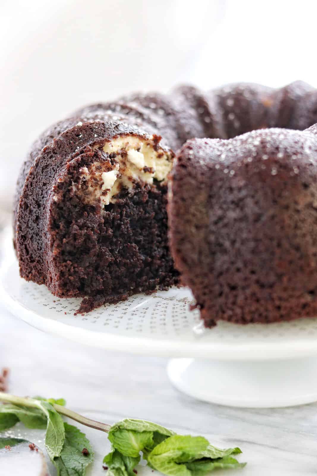 A chocolate cake on a tray