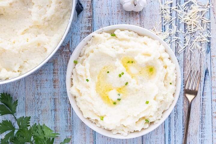 A bowl of garlic mashed potatoes