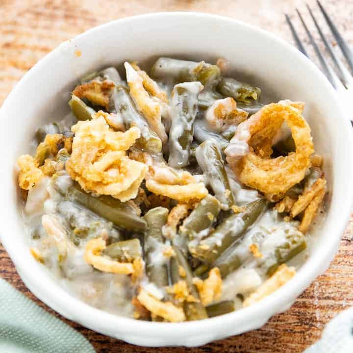 A bowl with Green bean Casserole.